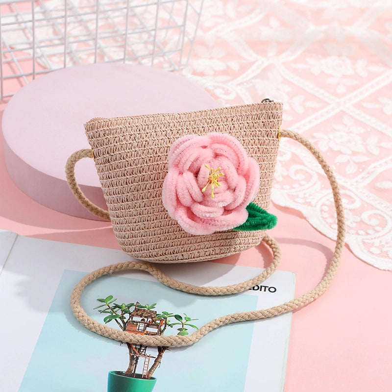 Women's Small Straw Solid Color Flower Vacation Beach Weave Round Zipper Straw Bag