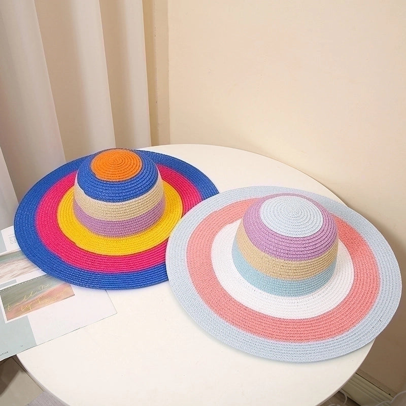 Women's Vacation Beach Color Block Big Eaves Straw Hat