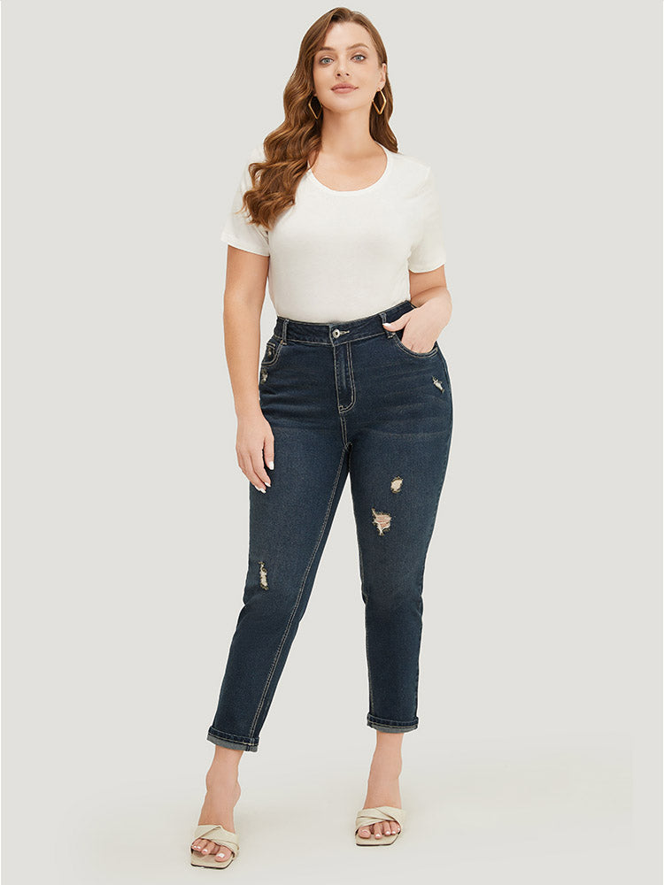 Very Stretchy  High Rise Dark Wash Distressed Stitch Jeans