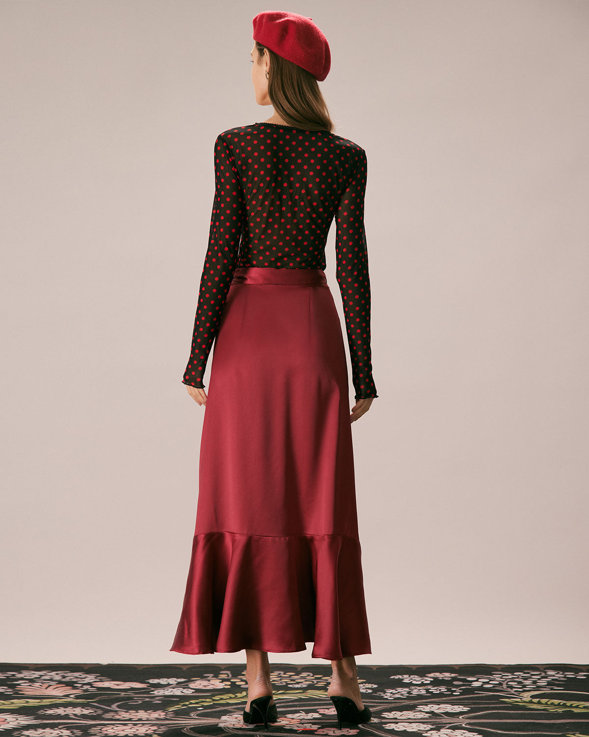 The Wine Red Drawstring Ruffle Satin Midi Skirt