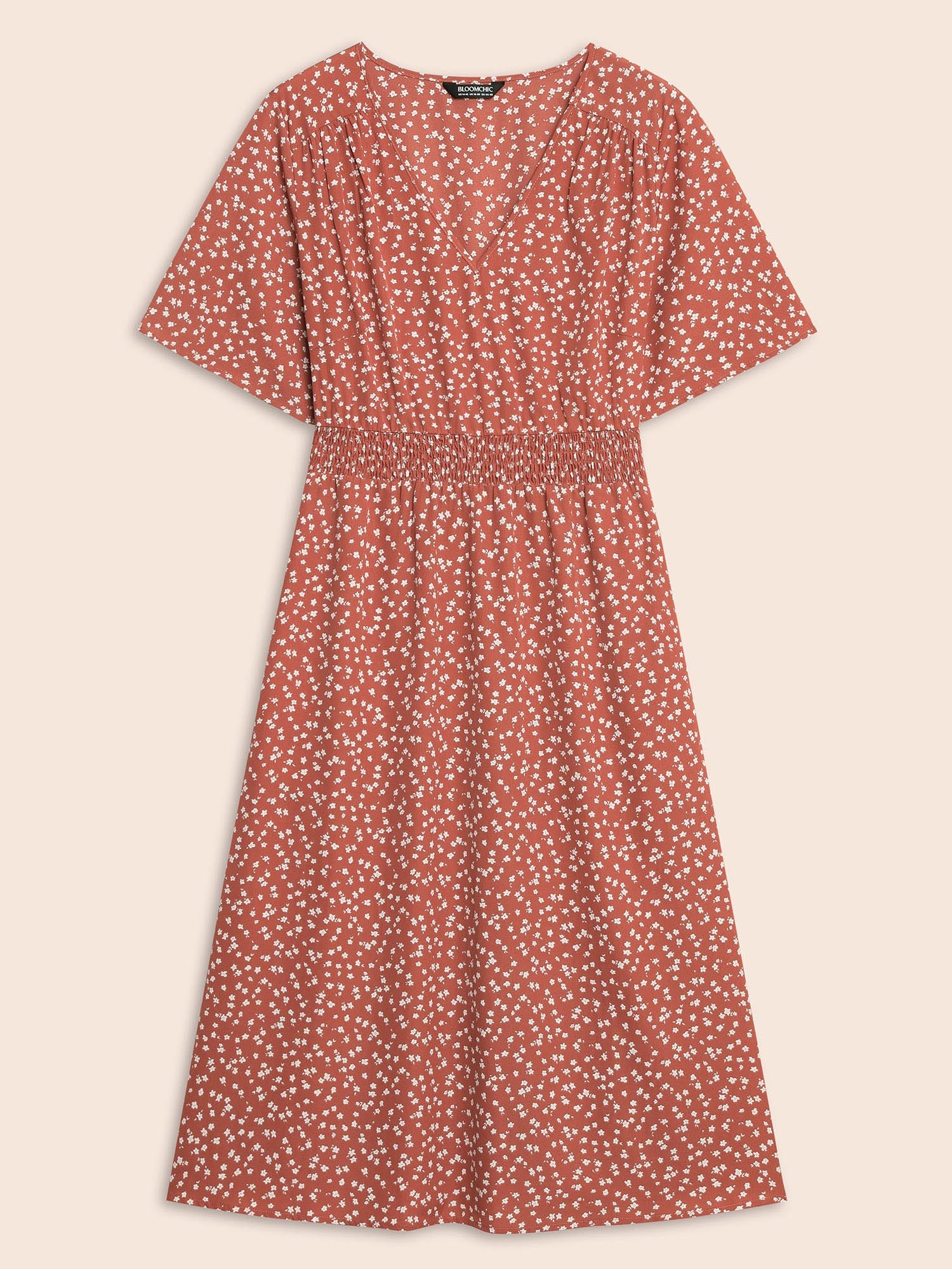 Ditsy Floral Shirred Ruffle Sleeve Midi Dress