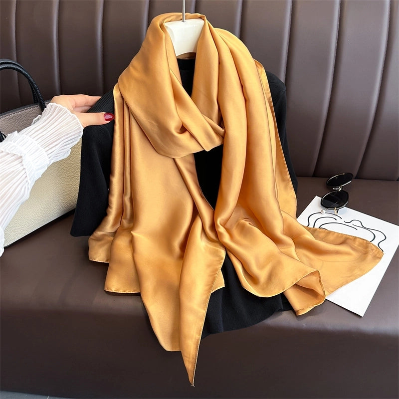 Spring And Summer Solid Color Simple Long Silk Scarf Scarf Women's Beach Scarf Middle East Scarf  Satin Imitation Silk Scarf