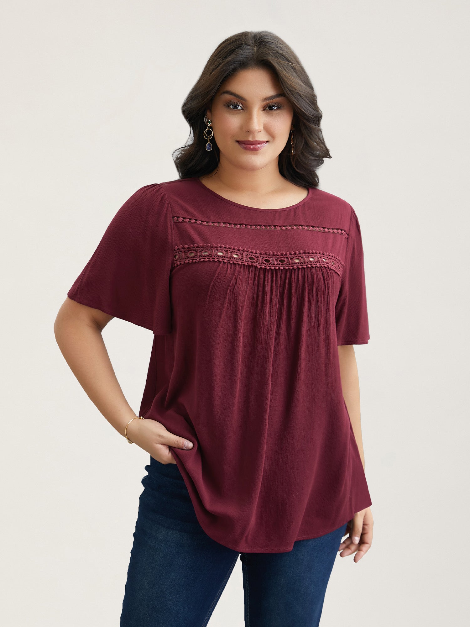 Lace Cut-Out Round Neck Pleated Shirt