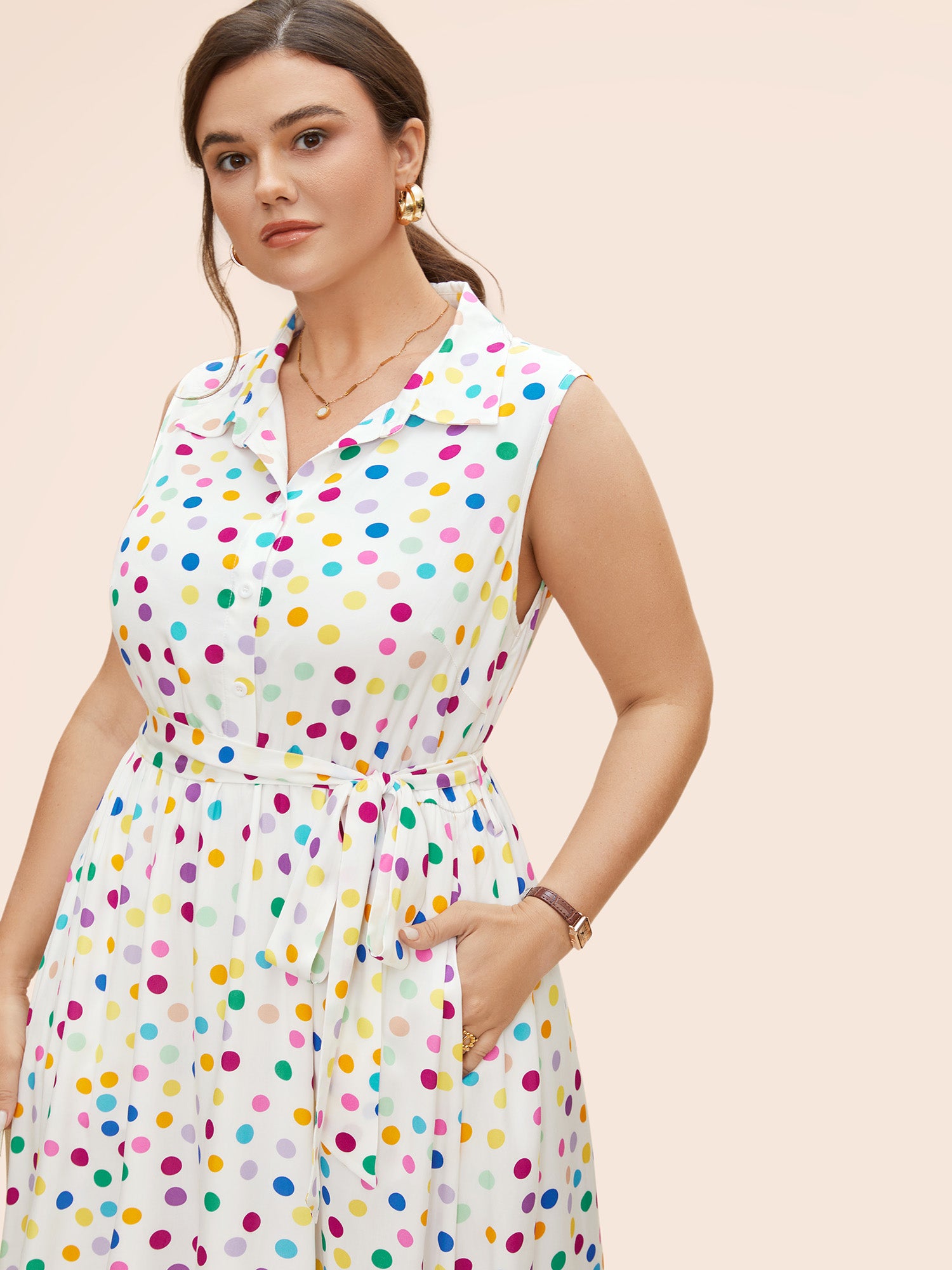 Polka Dot Front Tie Midi Shirt Dress