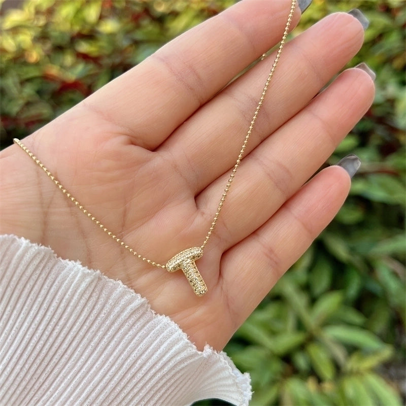 Copper 18K Gold Plated Inlay Letter Zircon Pendant Necklace