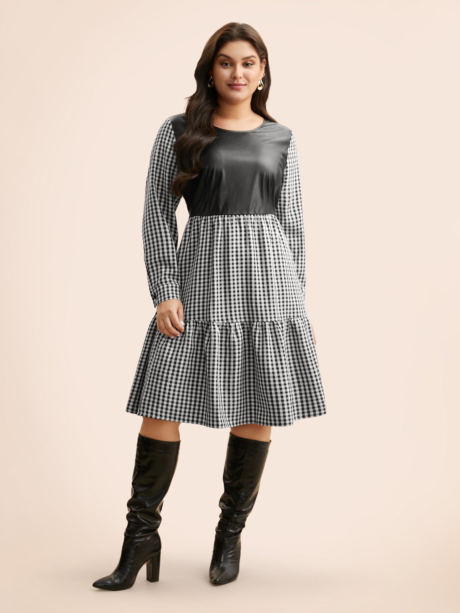 Round Neck Gingham PU Leather Dress