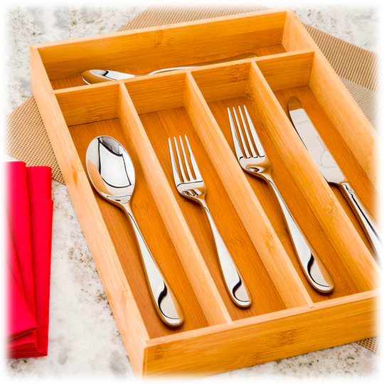 5 Compartment Bamboo Cutlery Tray. Kitchen Drawer Utensils Holder. Wooden Knife Fork Spoon Organizer Case