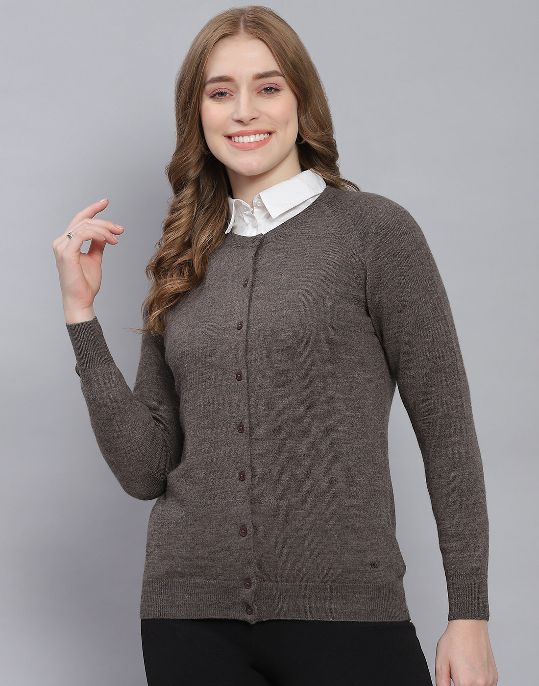 Women Grey Solid Round Neck Full Sleeve Cardigan