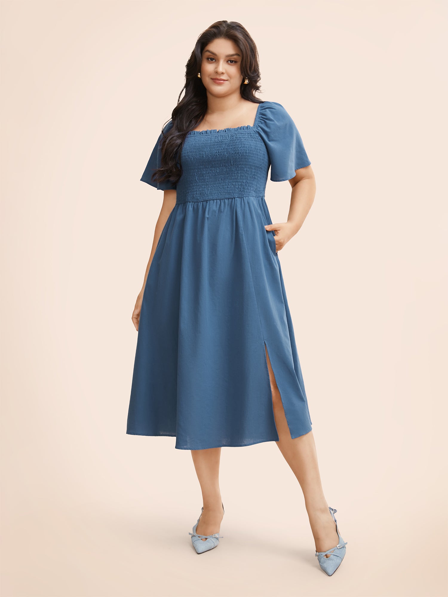 Cotton Square Neck Shirred Ruffle Sleeve Split Hem Dress