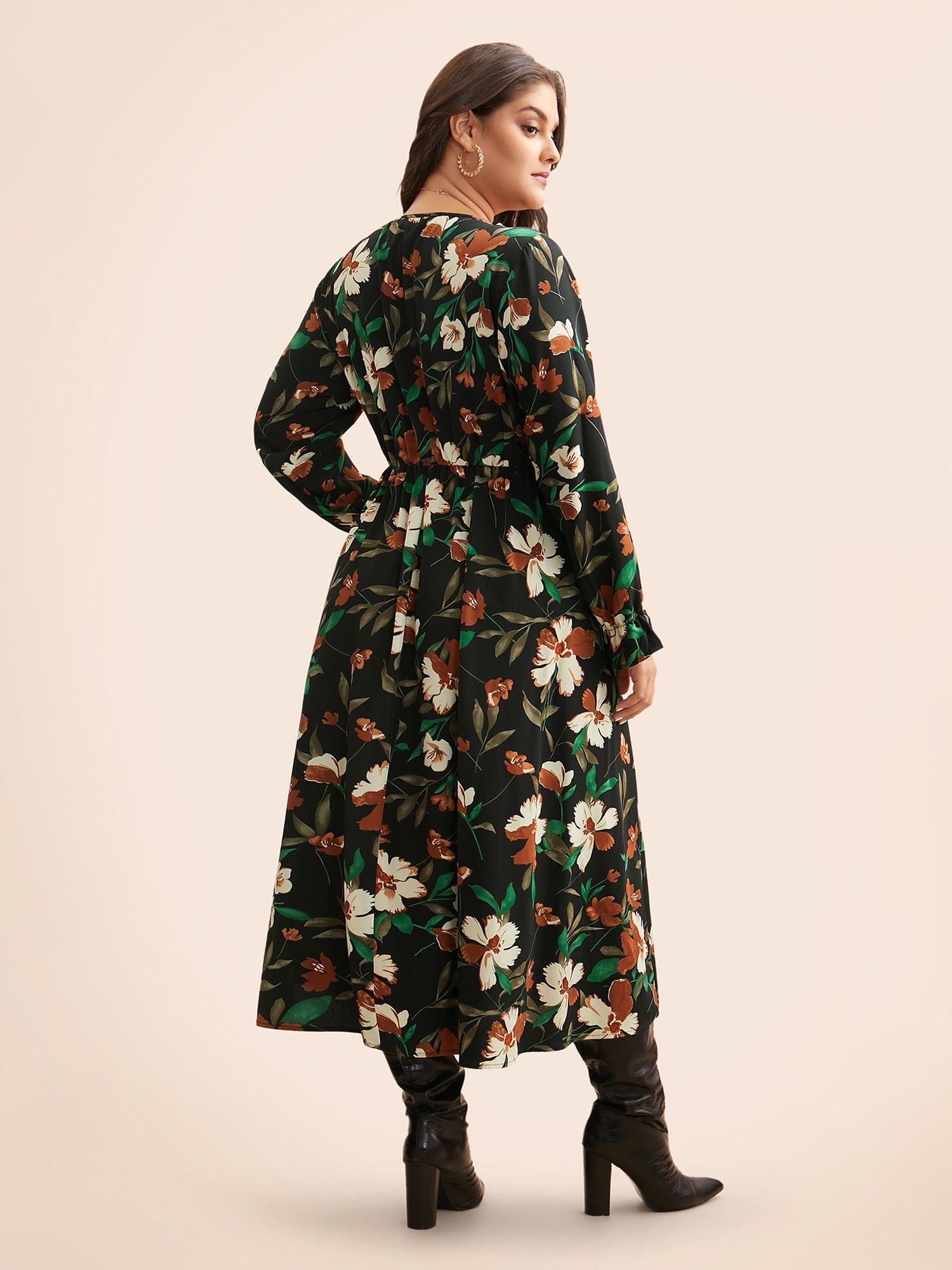 Floral Elastic Waist Frill Trim Midi Dress