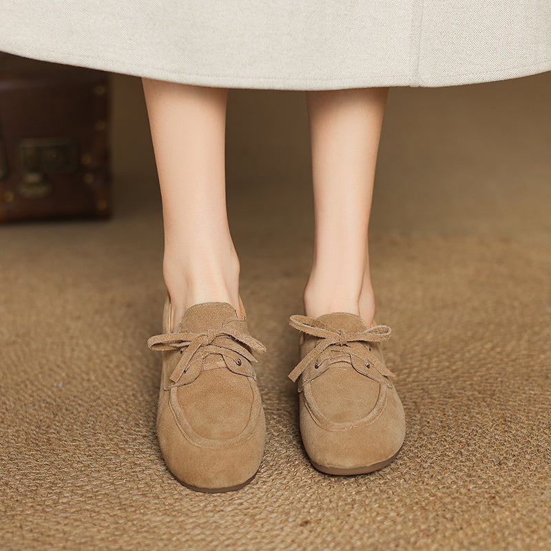 Women's Suede Leather Lace-Up Boat Shoes Round Toe Casual Driving Loafers in Deep Brown/Coffee