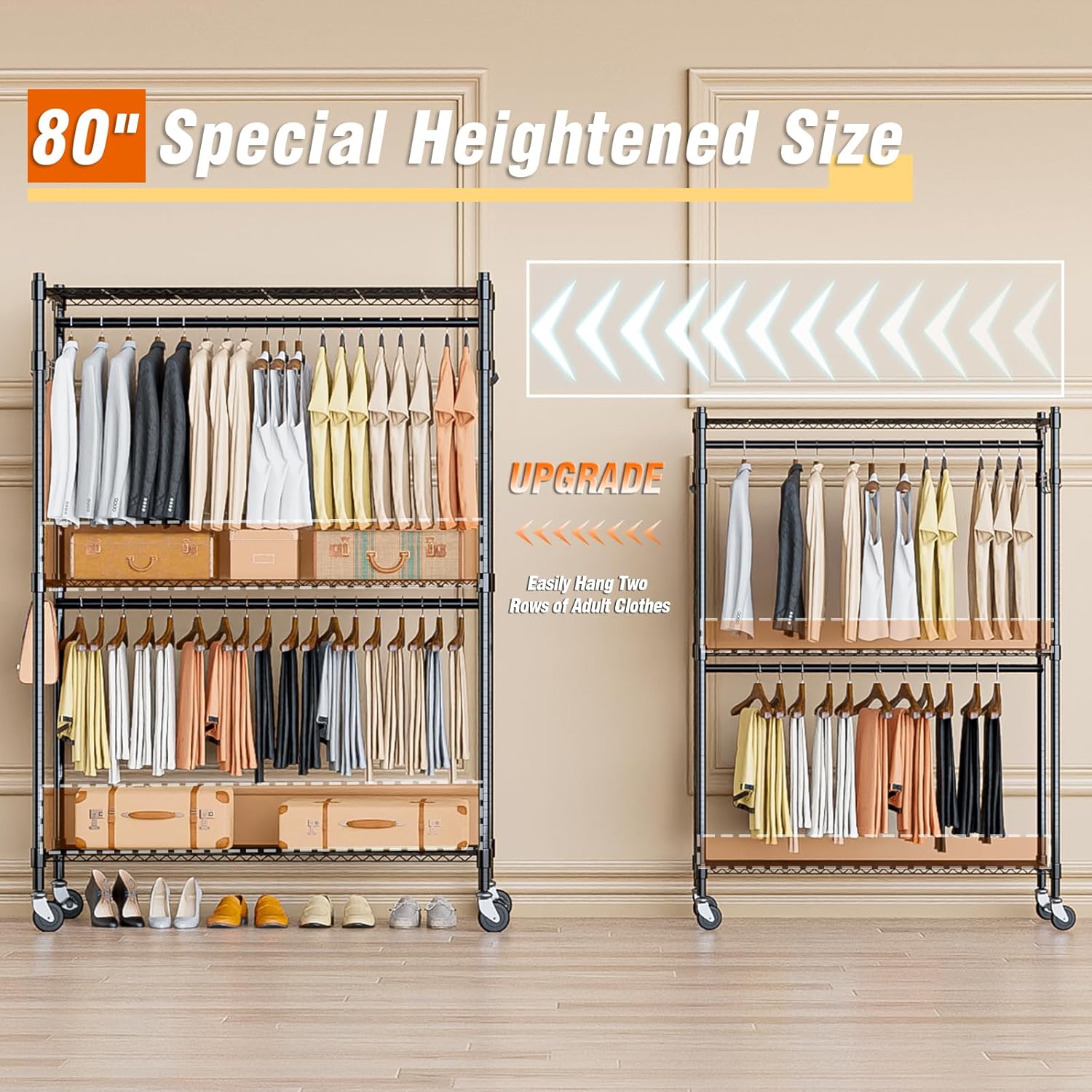 Homdox 3 Tier Heavy Duty Garment Rack with Wheels. Adjustable Wire Clothes Rack with Double Hanging Rods. Portable Closets for Hanging Clothes with Side Hooks. Black