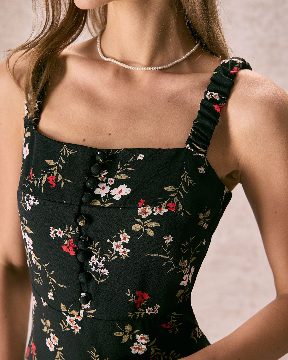 The Black Elasticized Straps Floral Midi Dress