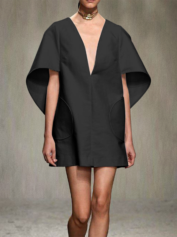 Half Sleeves Loose Solid Color Deep V-Neck Mini Dresses