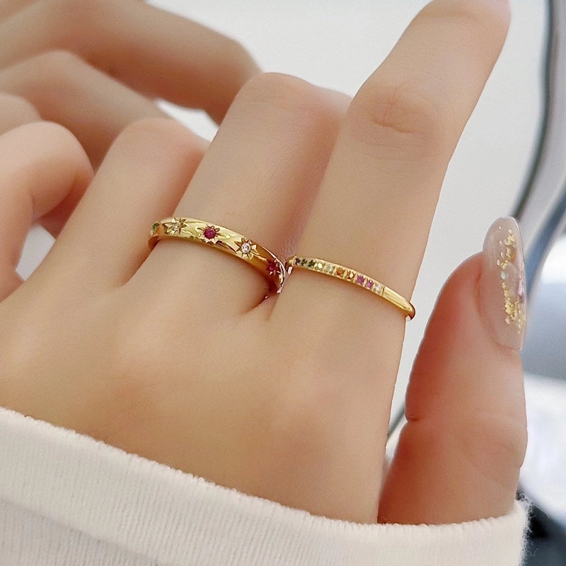 IG Style Minimalist Geometric Titanium Steel Zircon 18K Gold Plated Inlay Rings