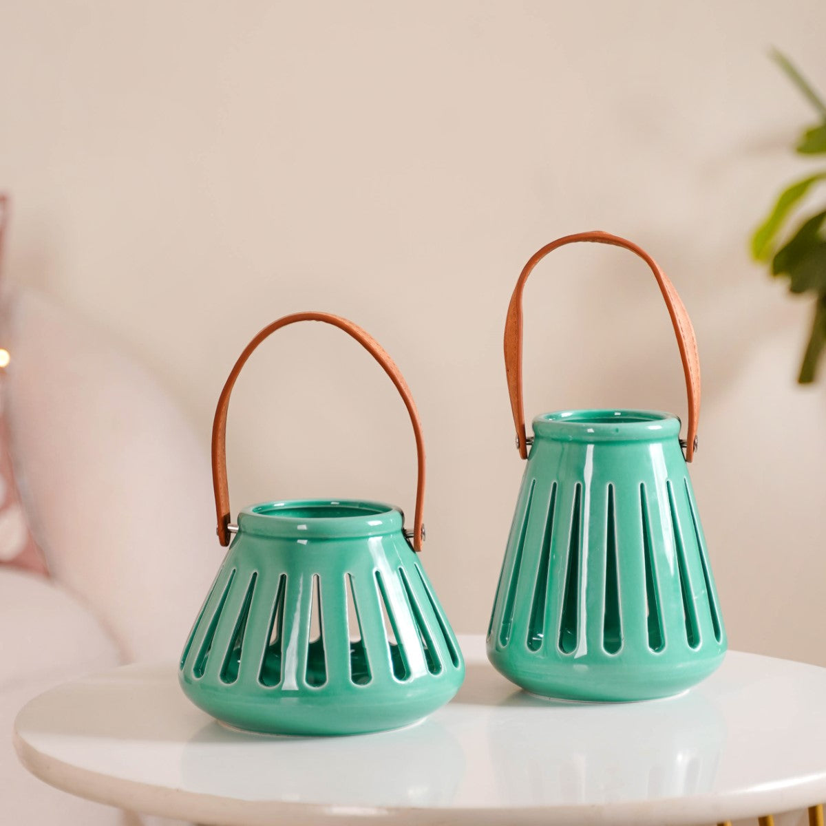 Teal Decorative Ceramic Lantern Set of 2