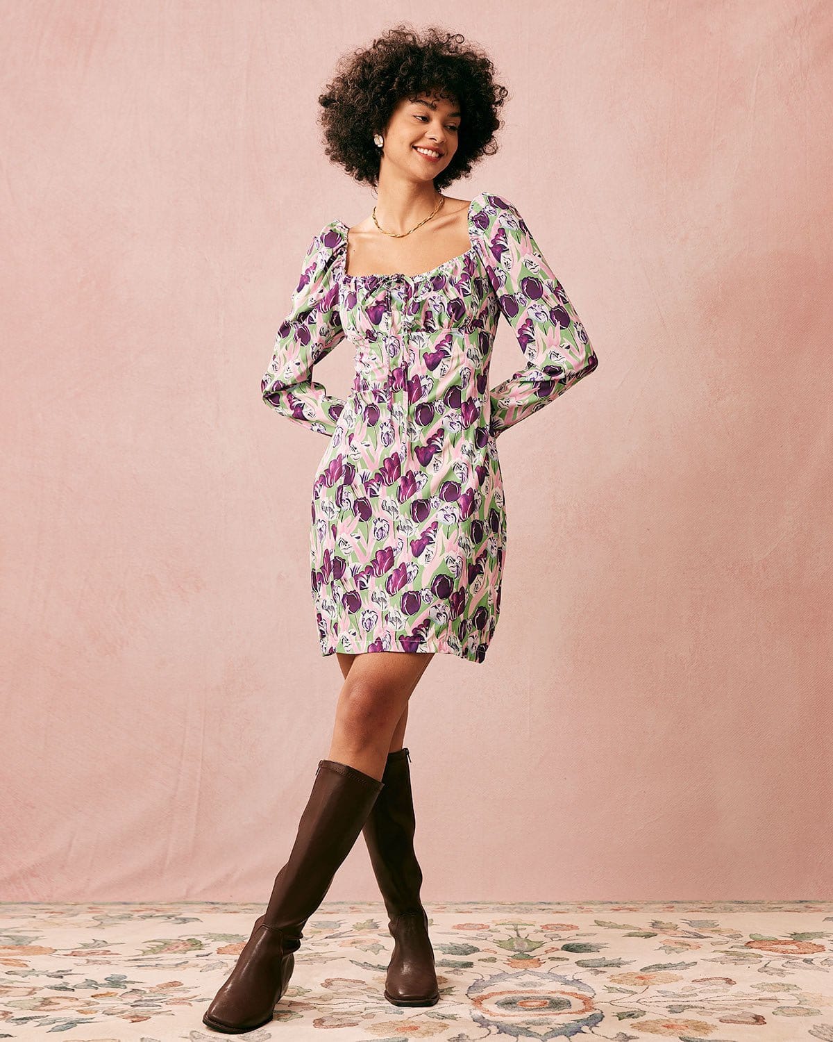 The Purple Square Neck Floral Long Sleeve Mini Dress