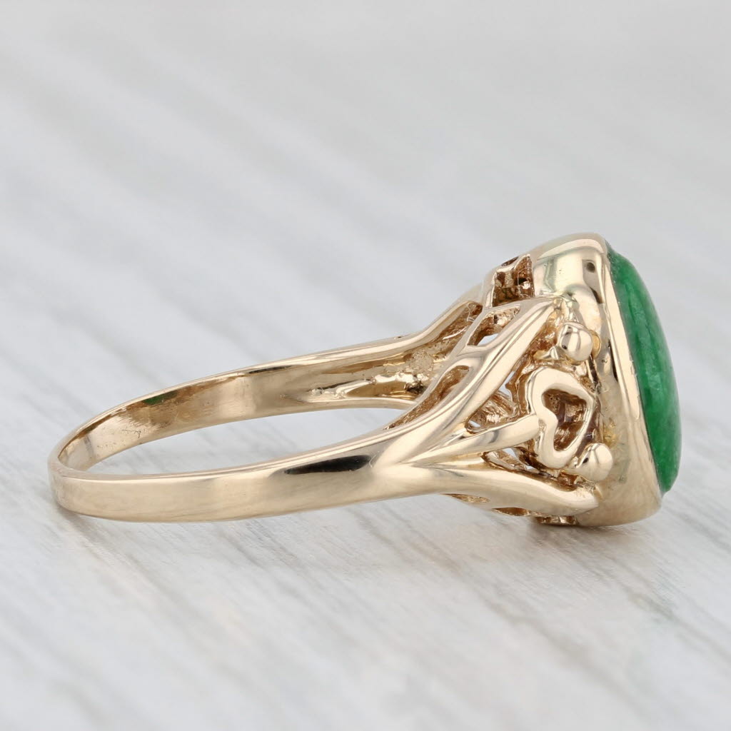 Green Jadeite Jade Oval Cabochon Solitaire Ring 14k Gold Size 6.5 Heart Accents