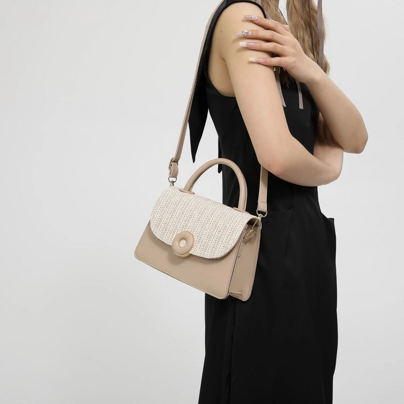 Women's Pu Leather Color Block Classic Style Sewing Thread Zipper Flip Cover Handbag Crossbody Bag