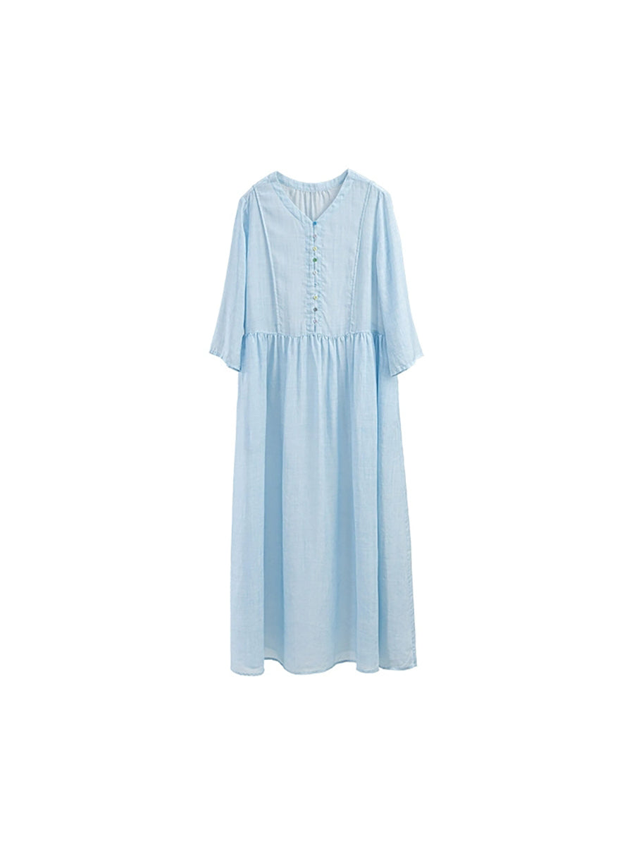 Women Summer Artsy Pure Color V-Neck Ramie Dress