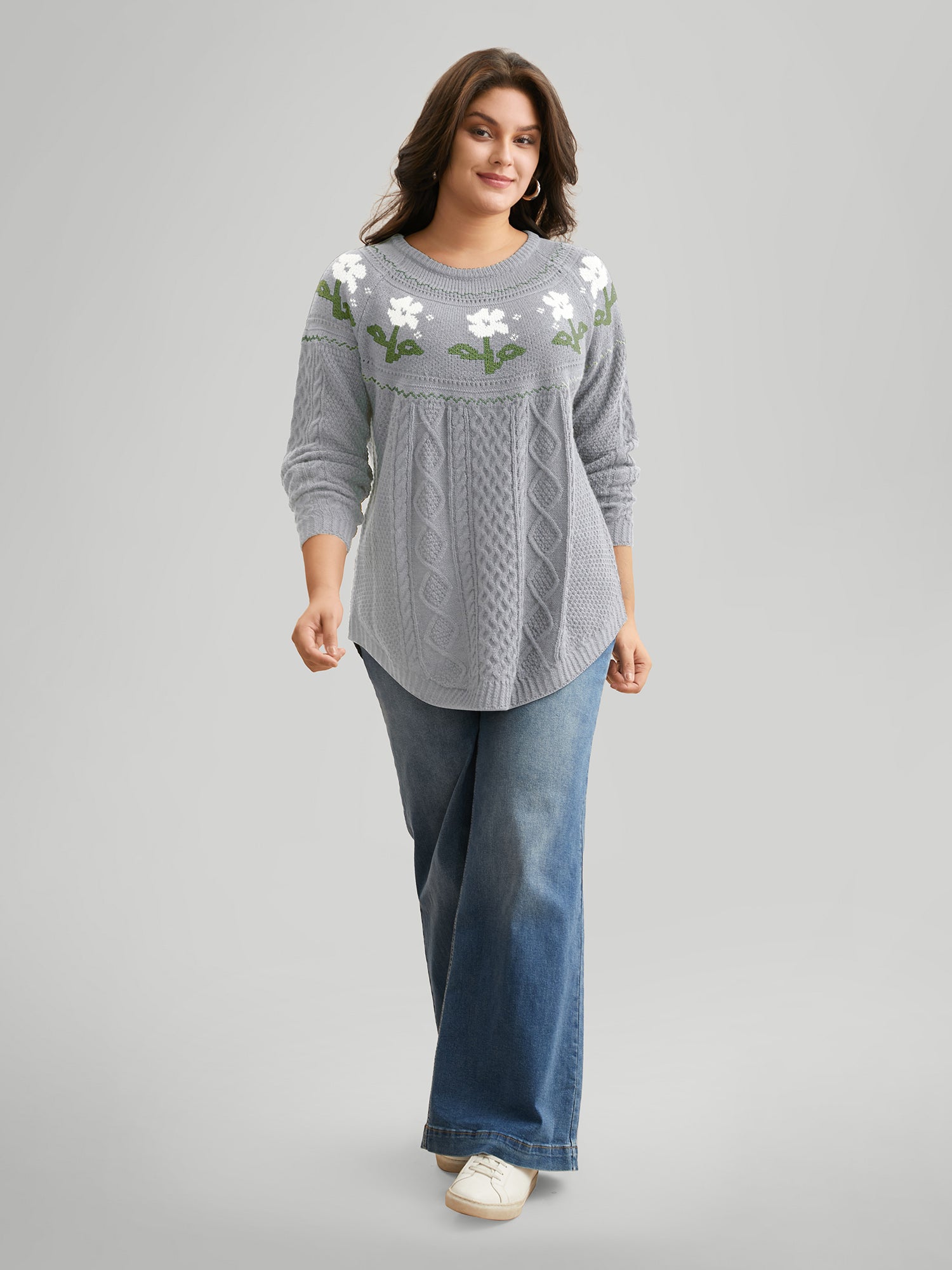 Floral Jacquard Raglan Sleeve Pullover