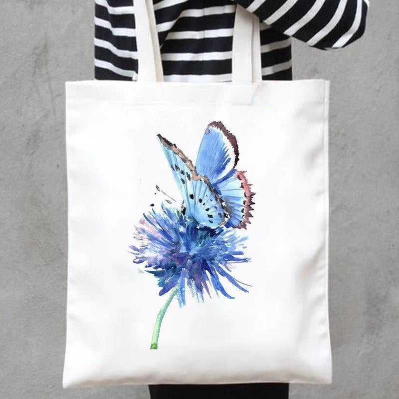 Women's Canvas Printing Heart Shape Butterfly Streetwear Square Open Canvas Bag