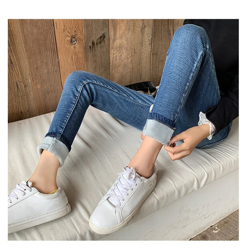 Thick Velvet High Waist Skinny Jeans For Women