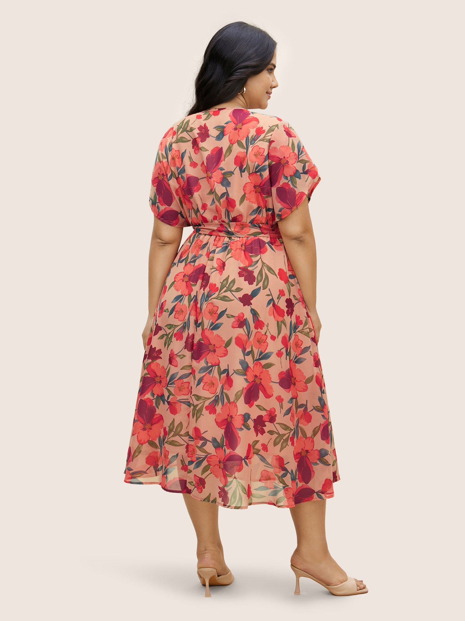 Watercolor Floral Patchwork Petal Sleeve Belted Dress