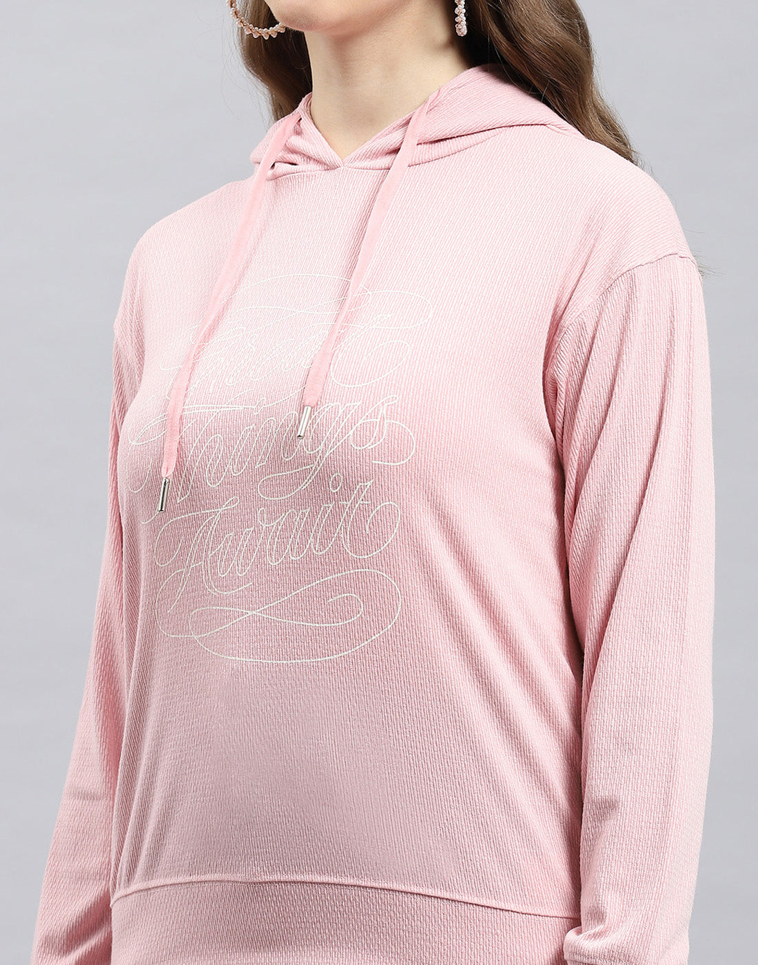 Women Pink Printed Hooded Full Sleeve Winter Top