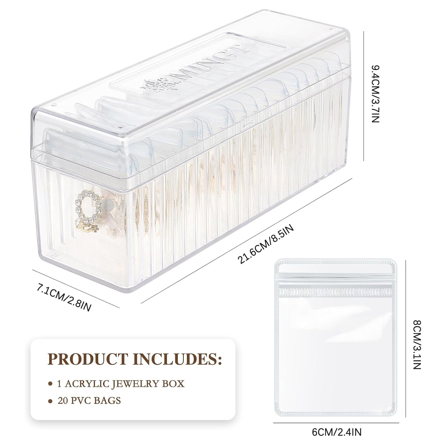 Acrylic Jewelry Box Organizer With 20 Portable Anti Tarnish Jewelry Bags