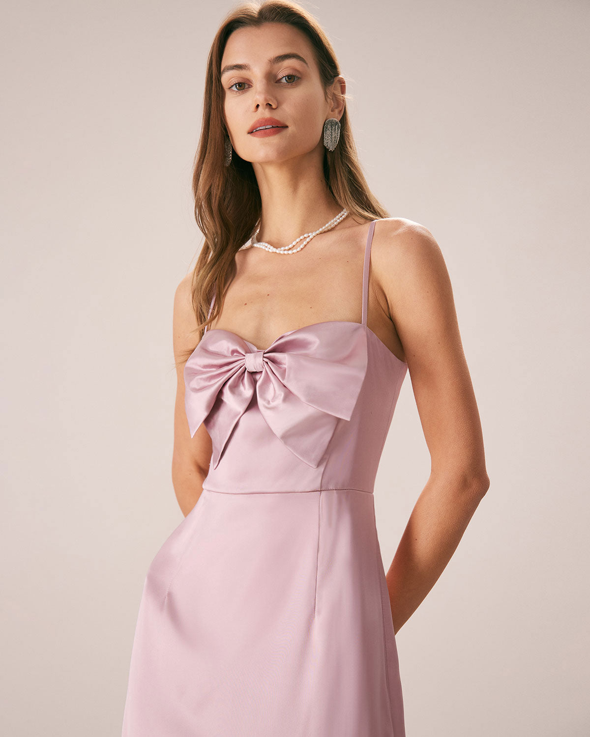 The Pink Bowknot Satin Strap Maxi Dress