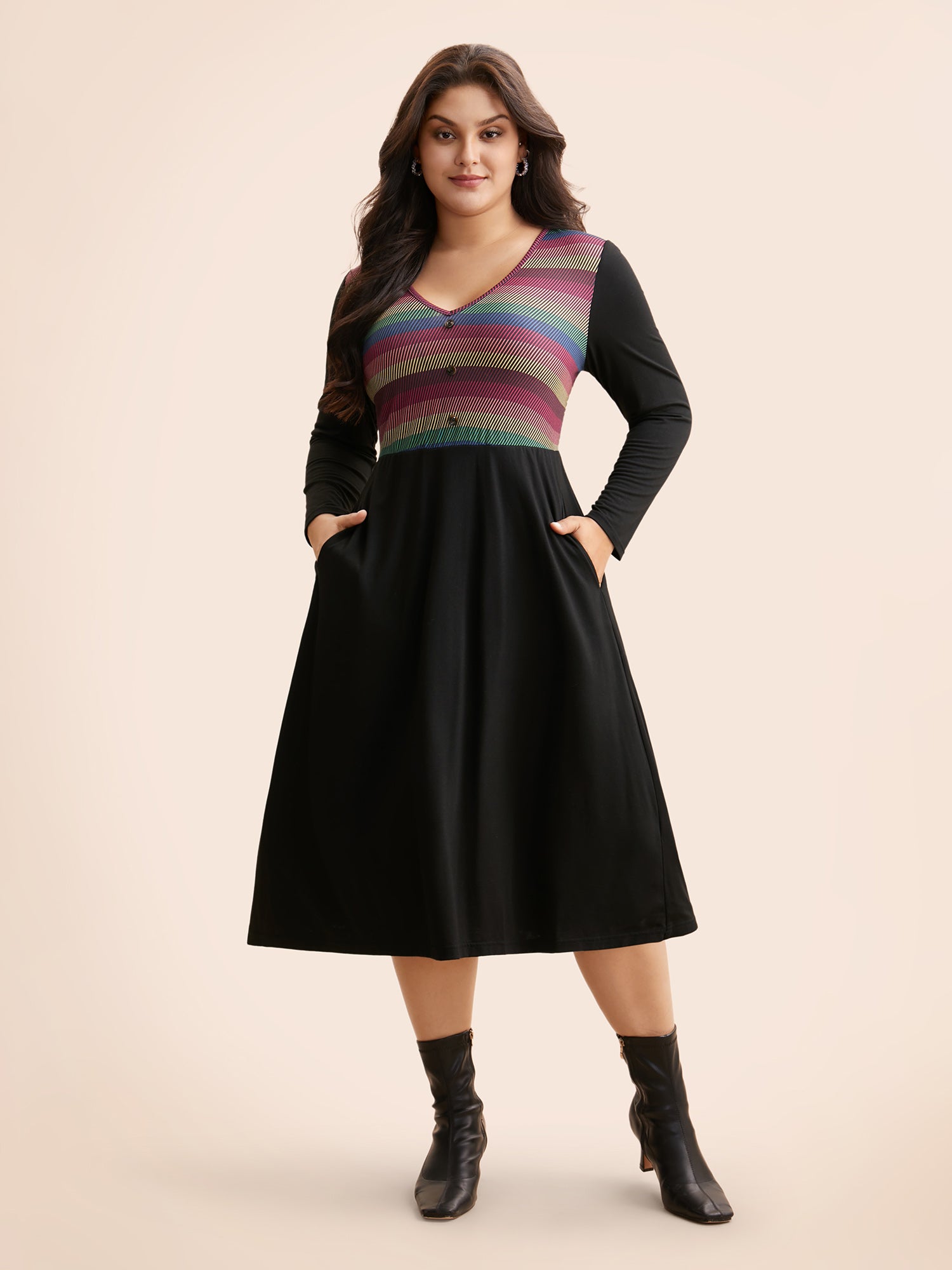 Contrast Striped Button Detail Midi Dress