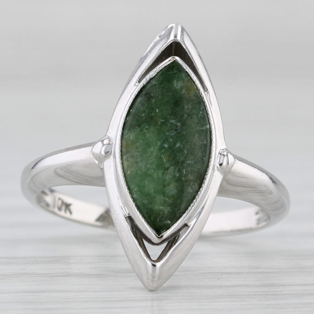 Nephrite Jade Navette Cabochon Solitaire Ring 10k White Gold Size 4.5