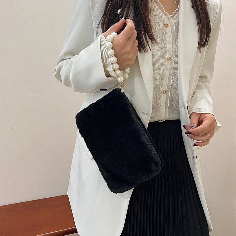 Black Brown White Plush Solid Color Beading Pearls Square Clutches