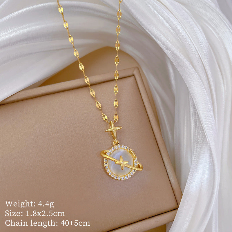 Micro-Inlaid Real Gold Cat'S Eye Planet Necklace Female Clavicle Chain Niche Design