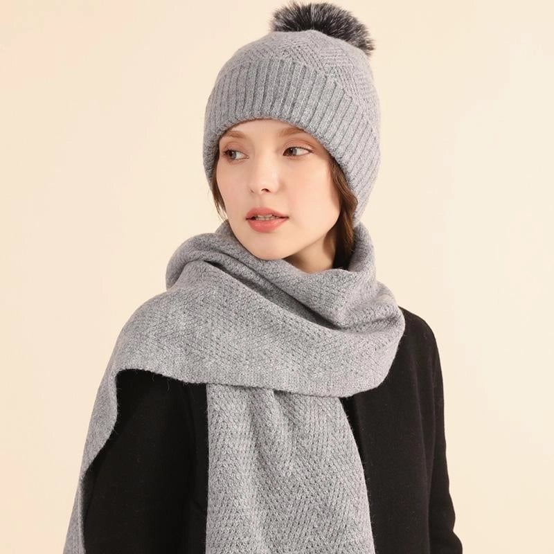 Wool Knitted Warm Gloves Hat Scarf Three-piece Suit Winter Windproof Fur Ball Fleece-lined Knitted Hat Three-piece Suit