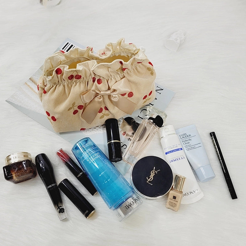 Cosmetic Bag Girls' New Large Capacity Evening Bag Travel Portable Bag Corduroy Cherry Storage Bag