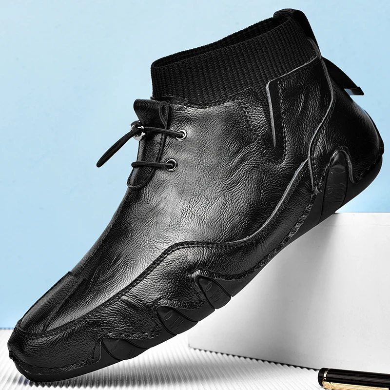 Drawato diy Men's Boots Casual motorcycle Four Season Shoes Waterproof sneakers Black Gentleman's Business shoes Ankle boots Leather mesh