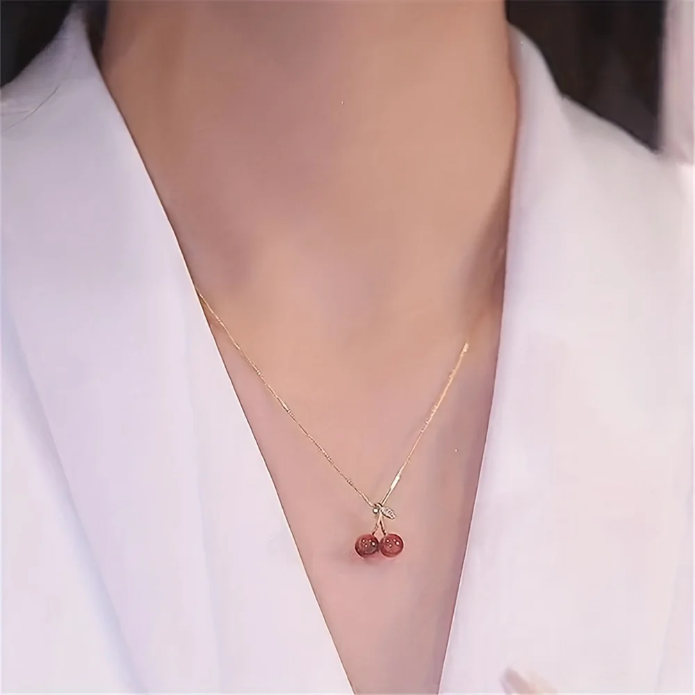 Golden Red Cherries Pendant Chain Necklace Garnet Cherry Charms Necklace Girls Sexy Clavicle Choker Necklace