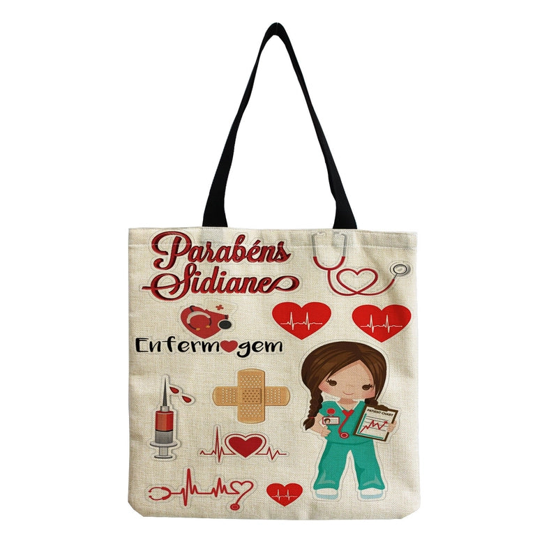 Women's Cotton And Linen Letter Nurse Heart Shape Classic Style Square Open Tote Bag