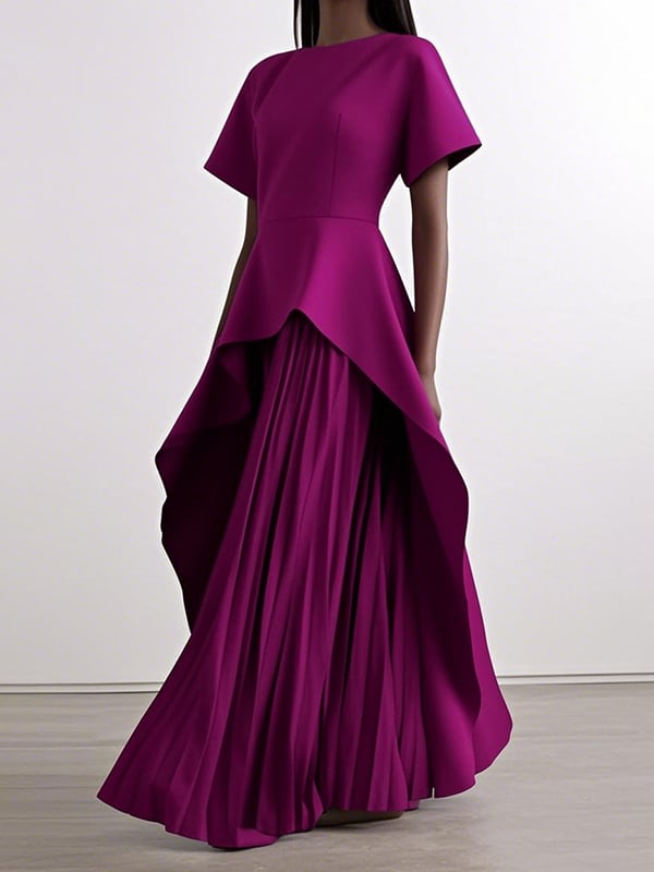 A-Line High Waisted Pleated Solid Color Split-Joint Round-Neck Maxi Dresses