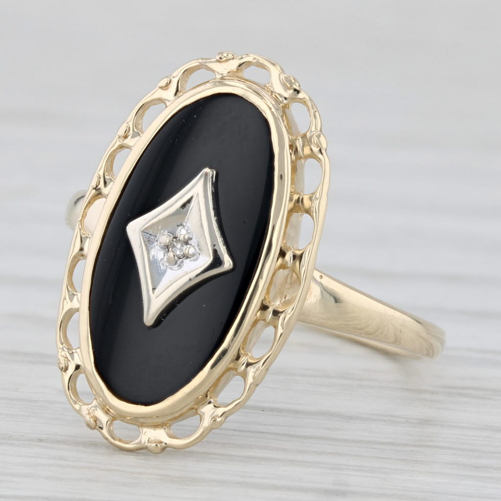 Vintage Onyx Diamond Signet Ring 10k Yellow White Gold Size 7.25