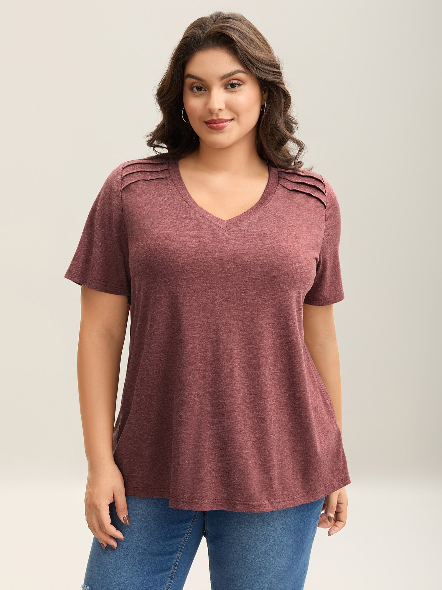 Plicated Detail Shoulder Plain T-Shirt