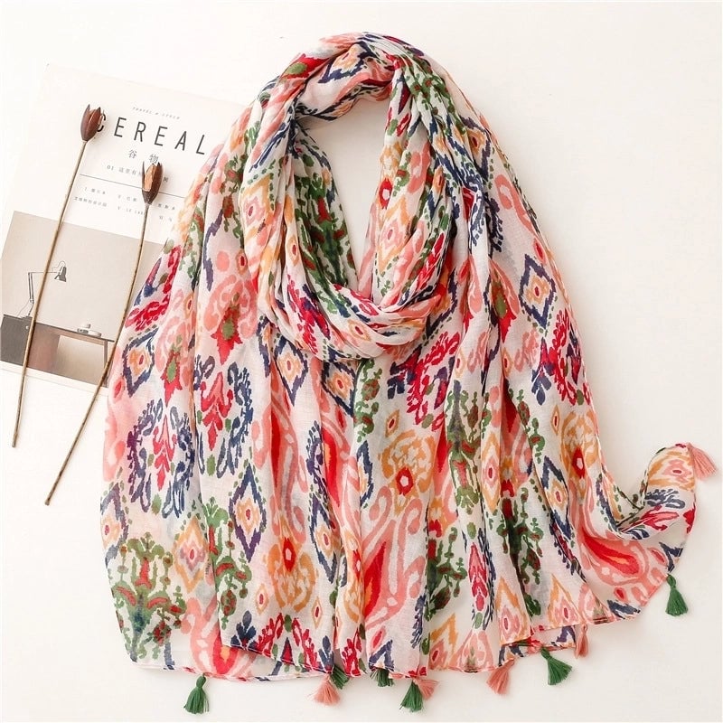 Yarn Cotton Fruit Green Bright Yellow Leaf Printing Tassel Scarf Shawl