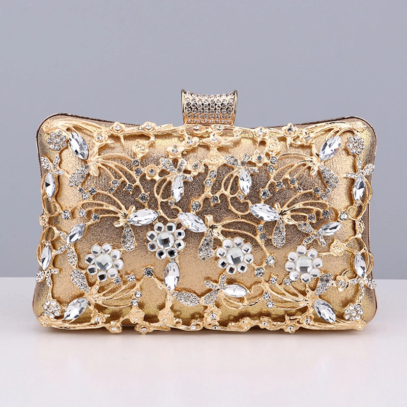 Black Gold Silver Pu Leather Flower Rhinestone Square Clutch Evening Bag