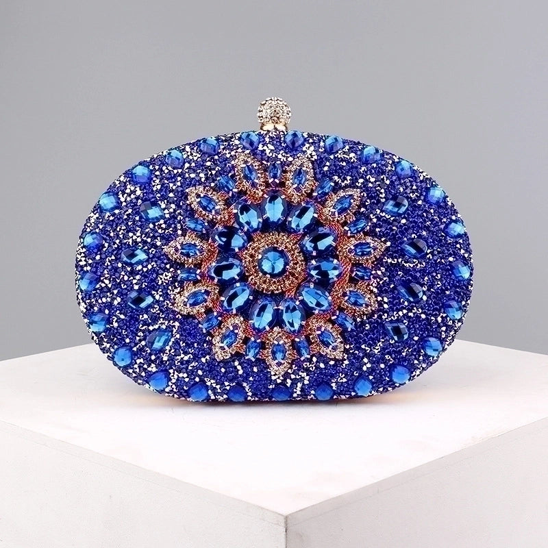 Red Green Blue Pu Leather Polyester Flower Rhinestone Oval Evening Bags