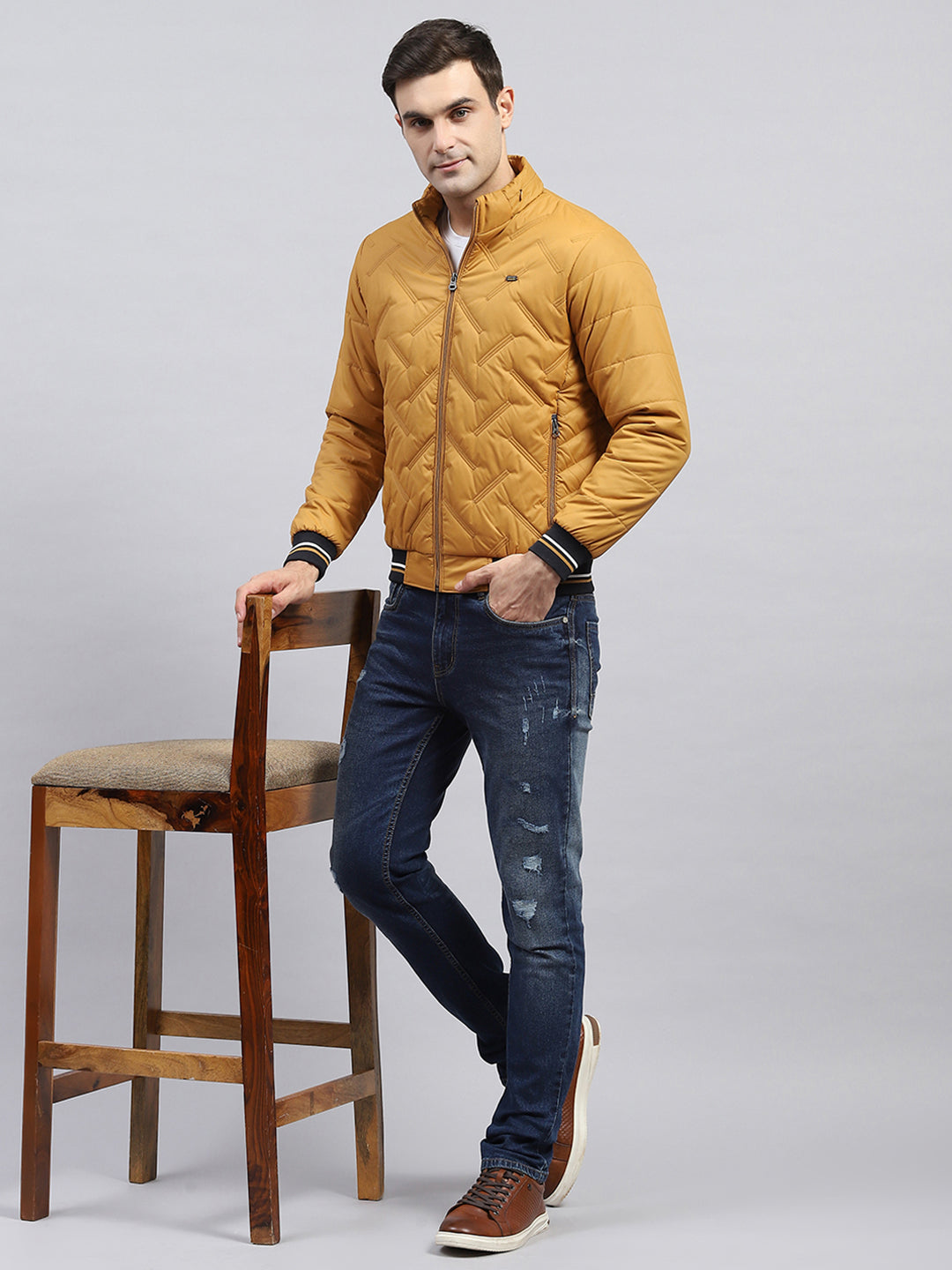 Men Mustard Solid Detachable Hood Full Sleeve Jacket