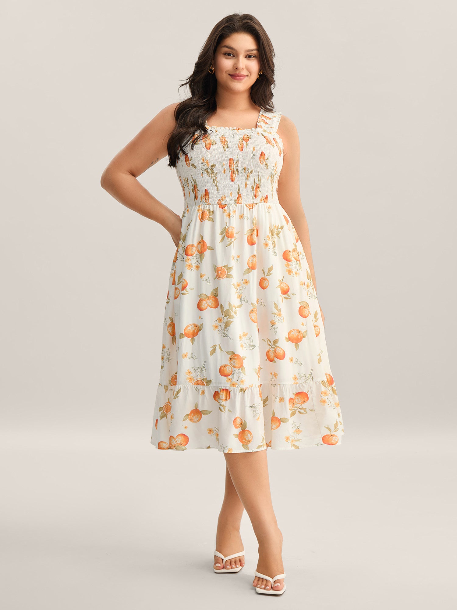 Citrus Print Shirred Pockets Midi Dress