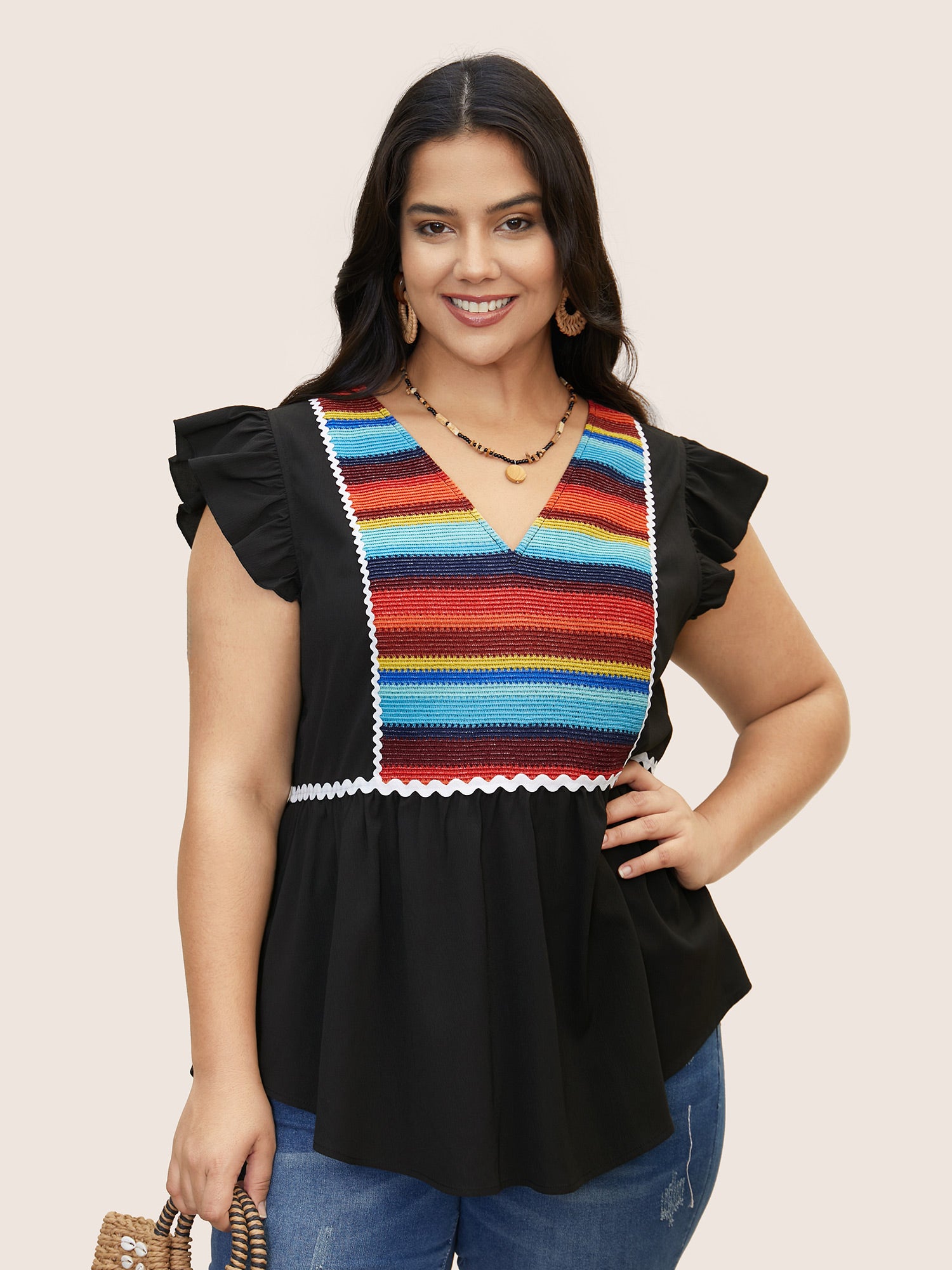 Contrast Webbing Ruffle Cap Sleeve Blouse