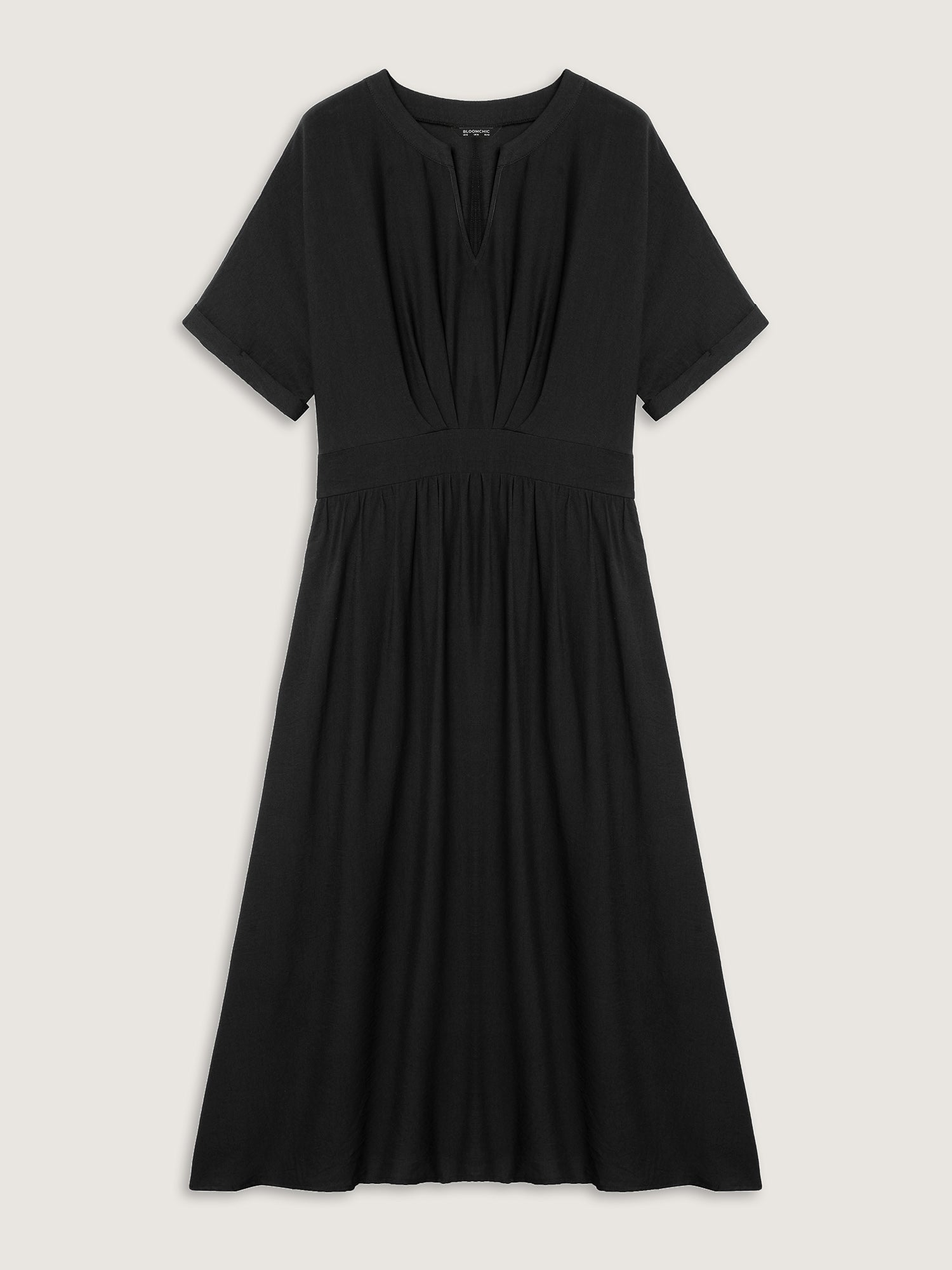Pleated Cinched Waist Solid Midi Dress